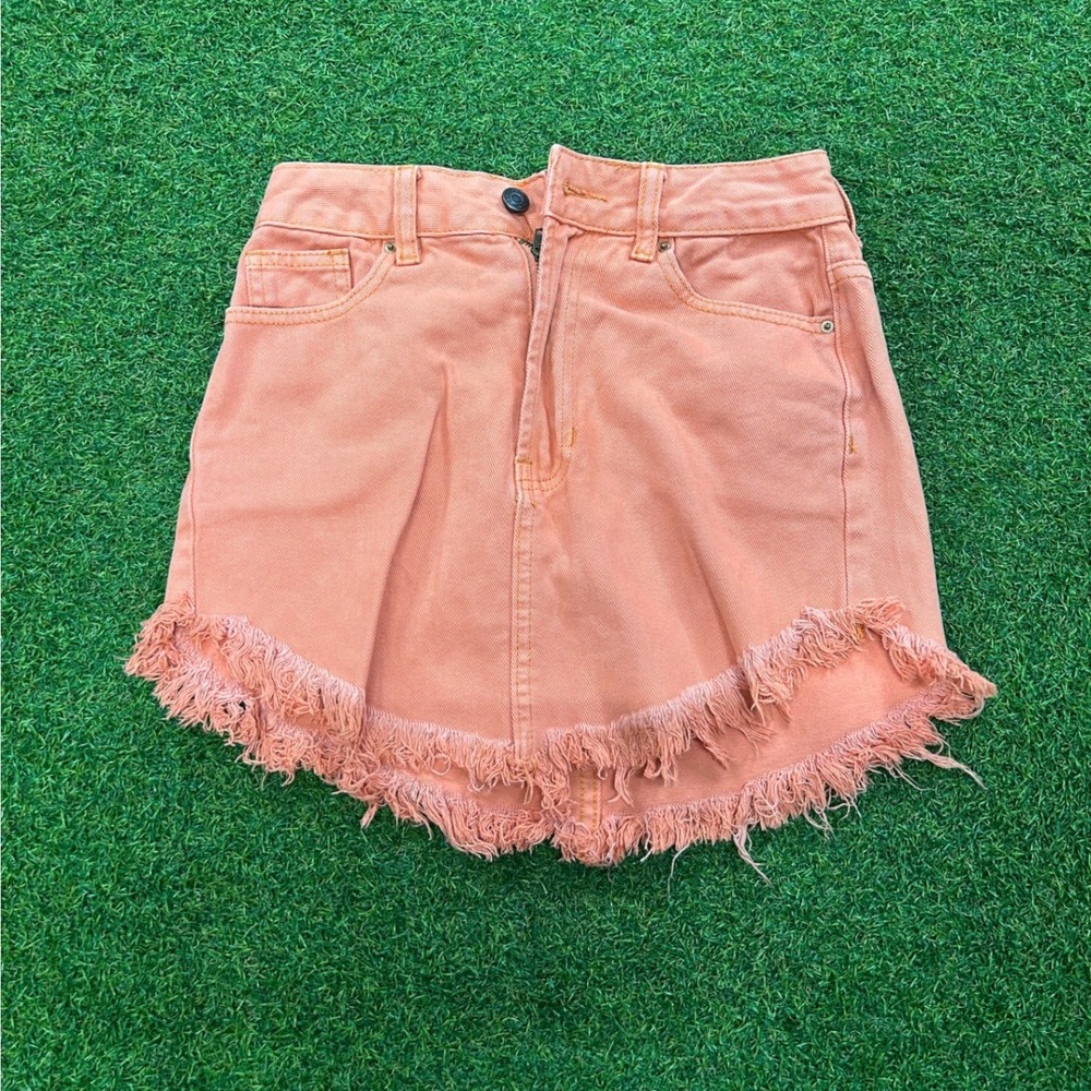 PacSun Coral Orange Denim Mini Skirt Frayed Raw Hem Size 23